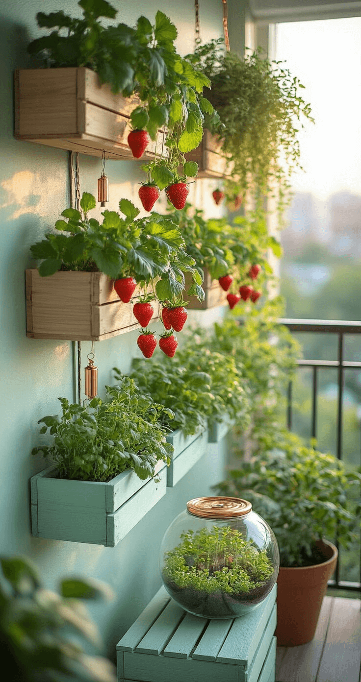 Intimate balcony garden at dawn featuring a vertical gardening system with cascading strawberry plants and aromatic herbs in recycled mint green wooden crates, a glass terrarium with microgreens, copper wind chimes, and string lights, all captured with soft morning light and dreamy bokeh.