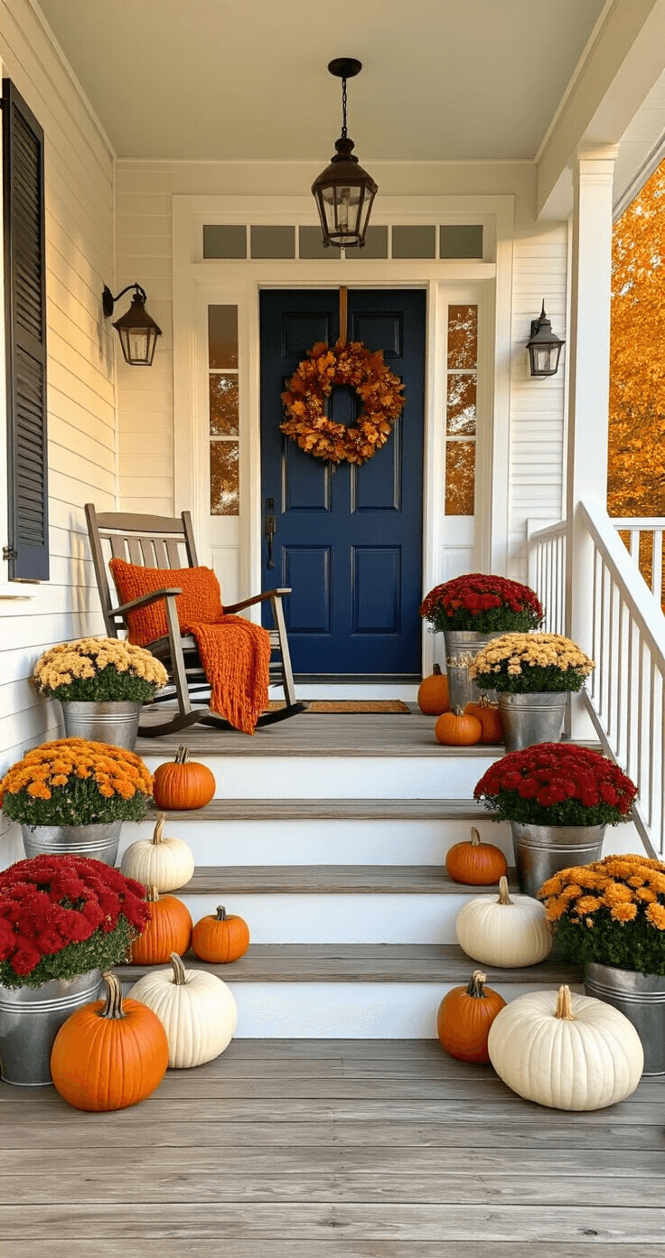A cozy front porch at golden hour, featuring a rocking chair with an orange throw, a cascade of colorful pumpkins on the steps, vibrant mums in metal buckets, and a wreath on the navy blue door, all bathed in warm autumn light.