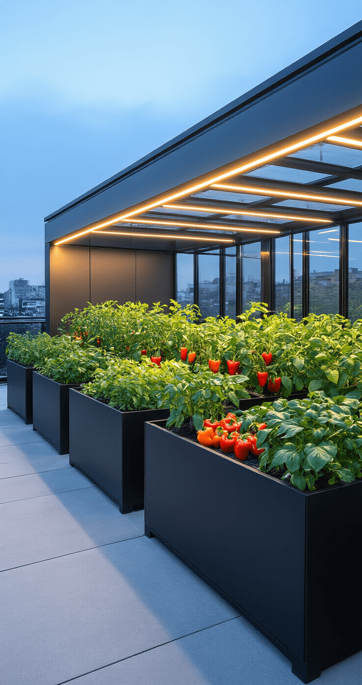 Modern minimalist rooftop workspace featuring black metal planters with peppers and leafy greens, a visible smart irrigation system, LED strip lighting, and a softly glowing glass greenhouse, all captured at blue hour with a monochromatic palette accented by green.