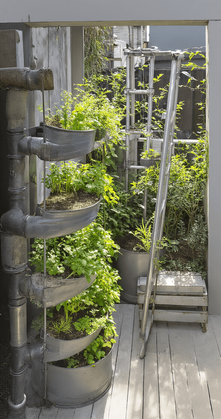 High-angle view of a compact urban terrace (10'x15') in morning light, featuring a spiral herb garden and vertical hydroponic system, with upcycled industrial elements like metal pipe planters and a repurposed ladder plant stand. The scene displays a textural contrast between smooth metal, rough concrete, and vibrant greenery, set in an industrial-organic color palette.