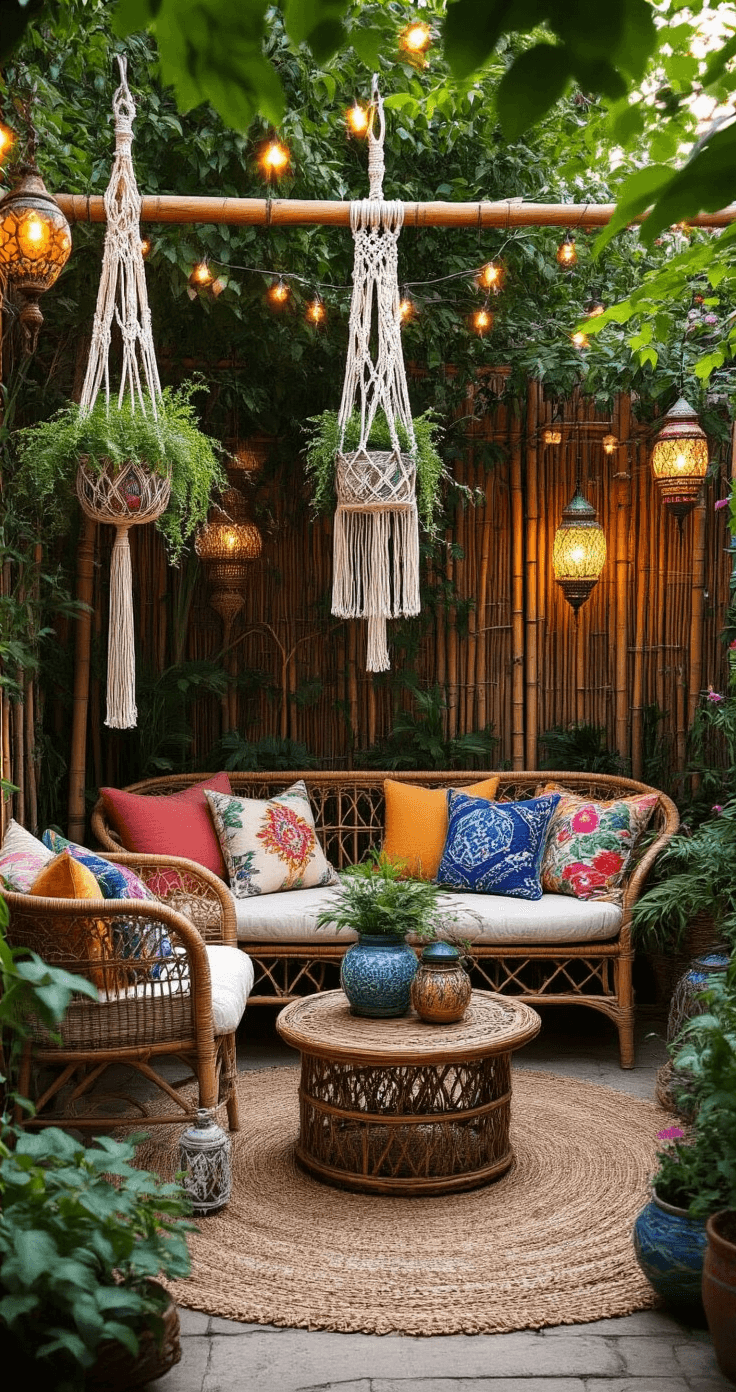 A cozy Bohemian garden sanctuary at sunset, featuring macramé plant hangers, painted ceramic pots, and bamboo trellises, with vintage rattan furniture adorned with colorful cushions. Ambient fairy lights and Moroccan lanterns enhance the scene, showcasing a rich jewel-toned palette and natural textures.