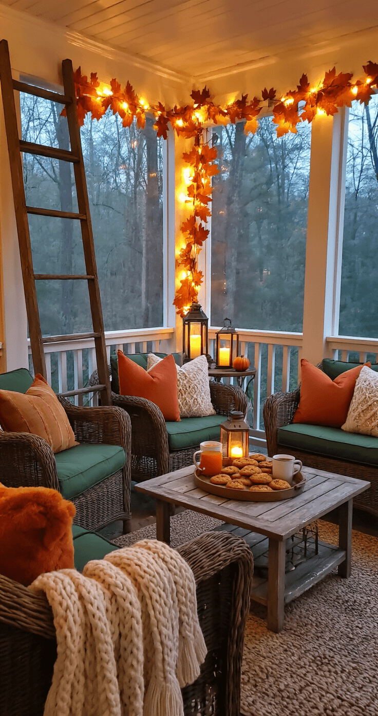 A cozy twilight scene on a 12x12 ft screened-in porch featuring wicker furniture with deep green and burnt orange cushions, a distressed wood coffee table with steaming cider mugs and pumpkin cookies, plush throw pillows, a vintage ladder with knit blankets, and softly glowing lanterns, framed by faux leaf garlands.