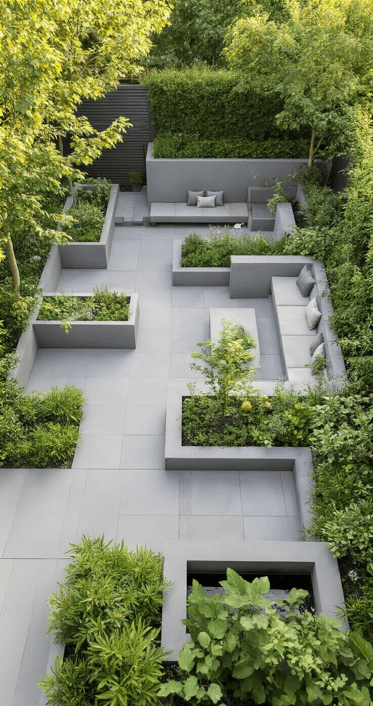 Aerial view of a contemporary container garden featuring large concrete planters filled with edible plants, surrounded by wild cottage-style greenery. The layout includes integrated seating and a water feature, with a minimalist gray color scheme accentuated by vibrant green foliage, captured in soft afternoon light for architectural clarity.