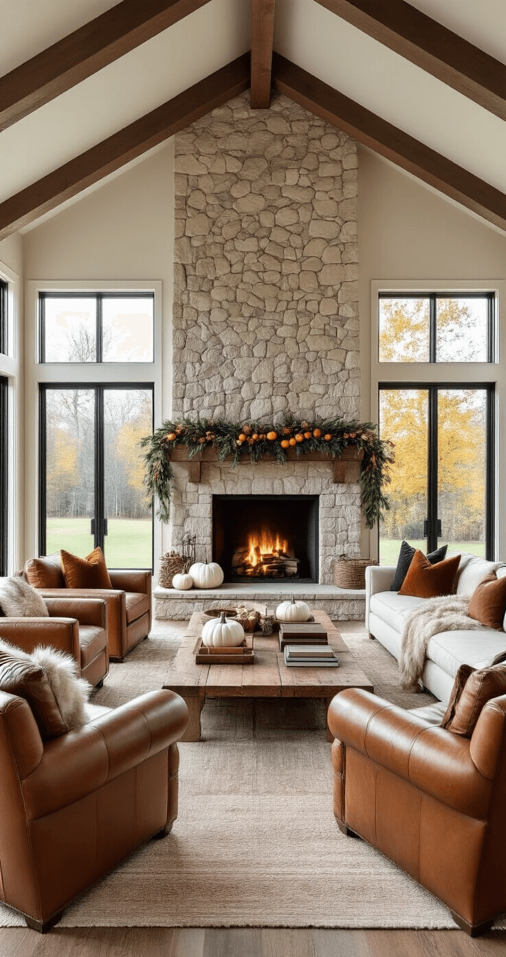 A spacious open concept living room with vaulted ceilings, featuring a stone fireplace adorned with garlands, oversized leather armchairs with faux fur throws, a large oatmeal linen sectional, and a reclaimed barn door coffee table, all illuminated by late afternoon sunlight streaming through large windows.