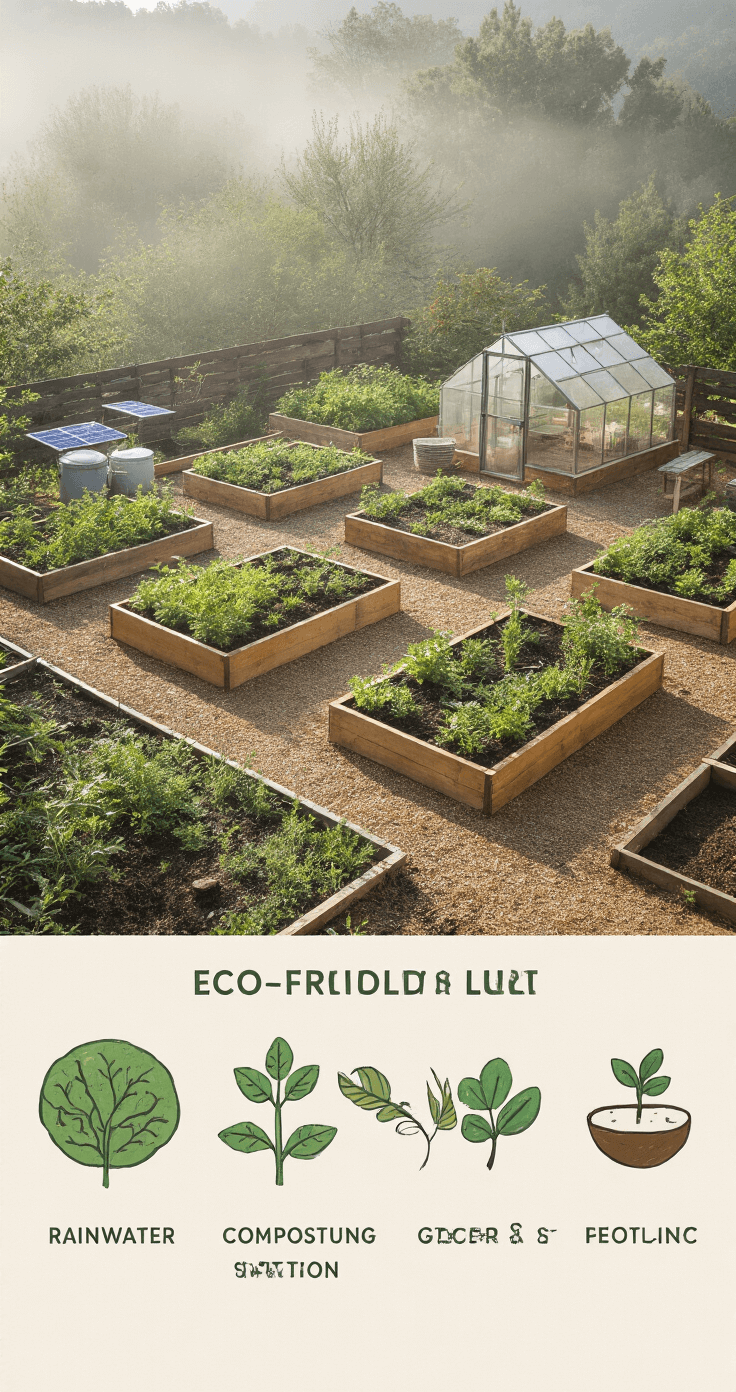 Wide shot of an eco-friendly terrace farm measuring 30'x40', set in morning mist, showcasing a rainwater harvesting system, composting station, and solar-powered greenhouse. The scene features reclaimed wood raised beds in a permaculture layout, filled with native plants that attract beneficial insects, all depicted in an earthy color palette using sustainable materials. The image is captured at f/11 for documentary-style clarity.