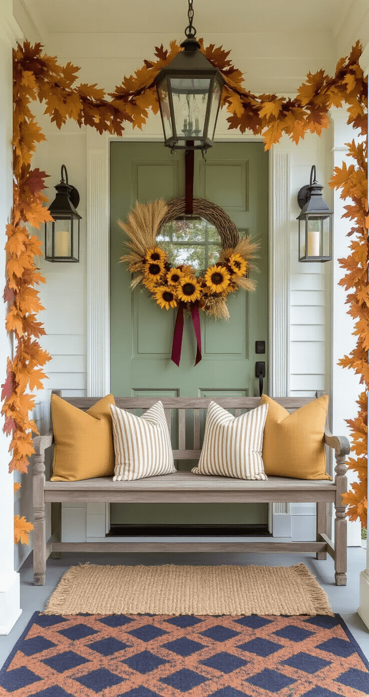 A covered entryway framed by white columns adorned with faux fall leaf garlands, featuring a vintage wooden bench with mustard and cream striped cushions, a round mirror in a weathered gold frame, a sage green front door decorated with a large hoop wreath of dried wheat and sunflowers, oversized glass lanterns with pillar candles, and a geometric jute rug in rust and navy, captured from a straight-on angle with natural lighting highlighting the warm color palette.