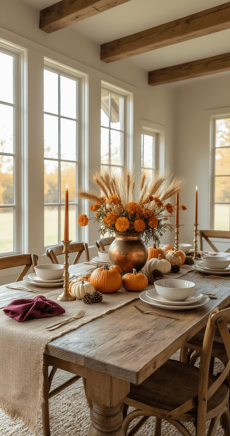 A cozy dining room with vaulted ceilings and wooden beams, featuring a rustic farmhouse table set for autumn with pumpkins, gourds, dried wheat, and warm decor elements.