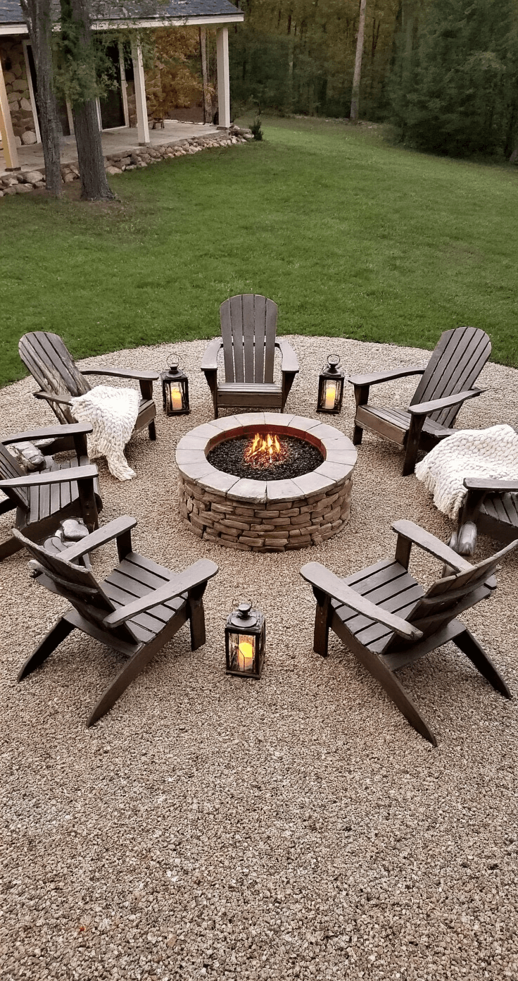 A twilight view of a rustic farmhouse gathering featuring a circular gravel patio with a stacked stone fire pit and distressed teak Adirondack chairs, complemented by ivory cable-knit throws and vintage lanterns with flickering candles, all illuminated by the warm glow of the embers.