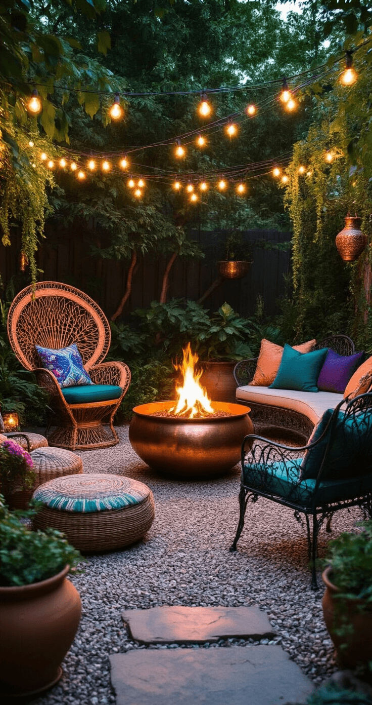 An eclectic outdoor lounge at dusk with a Moroccan-style fire bowl, mixed seating including a rattan peacock chair and floor cushions, criss-crossing string lights, jewel-toned pillows, and trailing plants in terra cotta pots, all bathed in a warm glow from the fire.