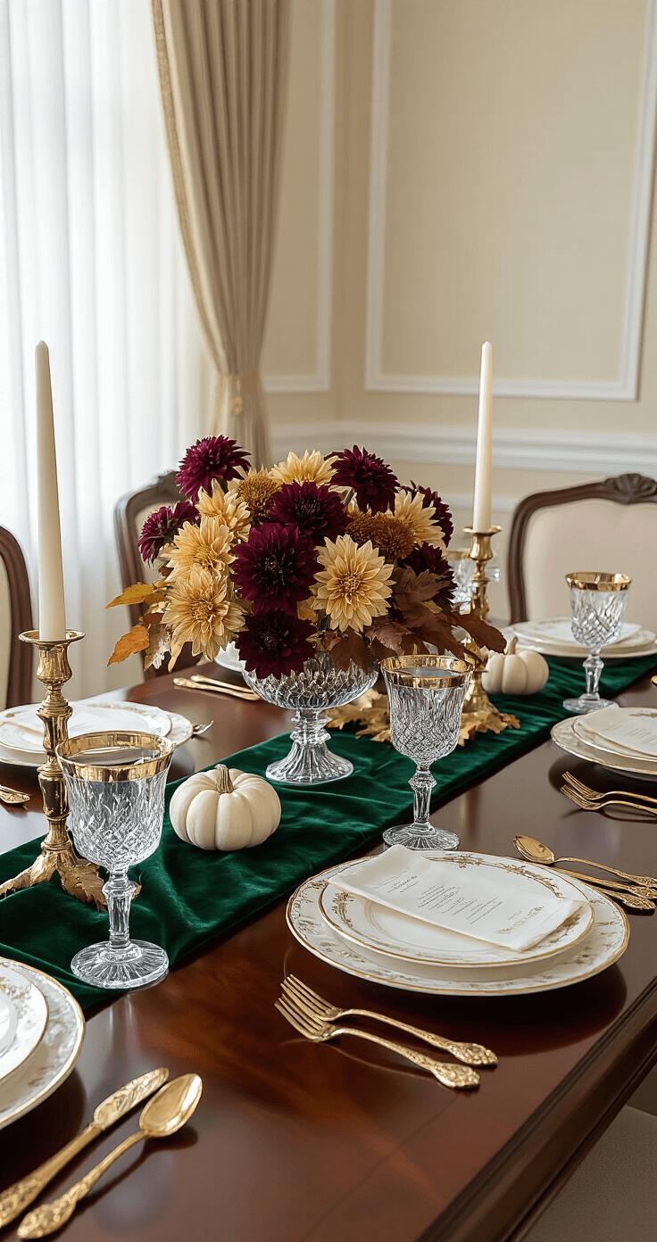 An elegant formal dining space featuring a polished mahogany table with a deep forest green velvet runner, adorned with a floral centerpiece of burgundy dahlias and golden chrysanthemums, accented by bone china and antique brass cutlery, under soft evening light filtering through sheer curtains.