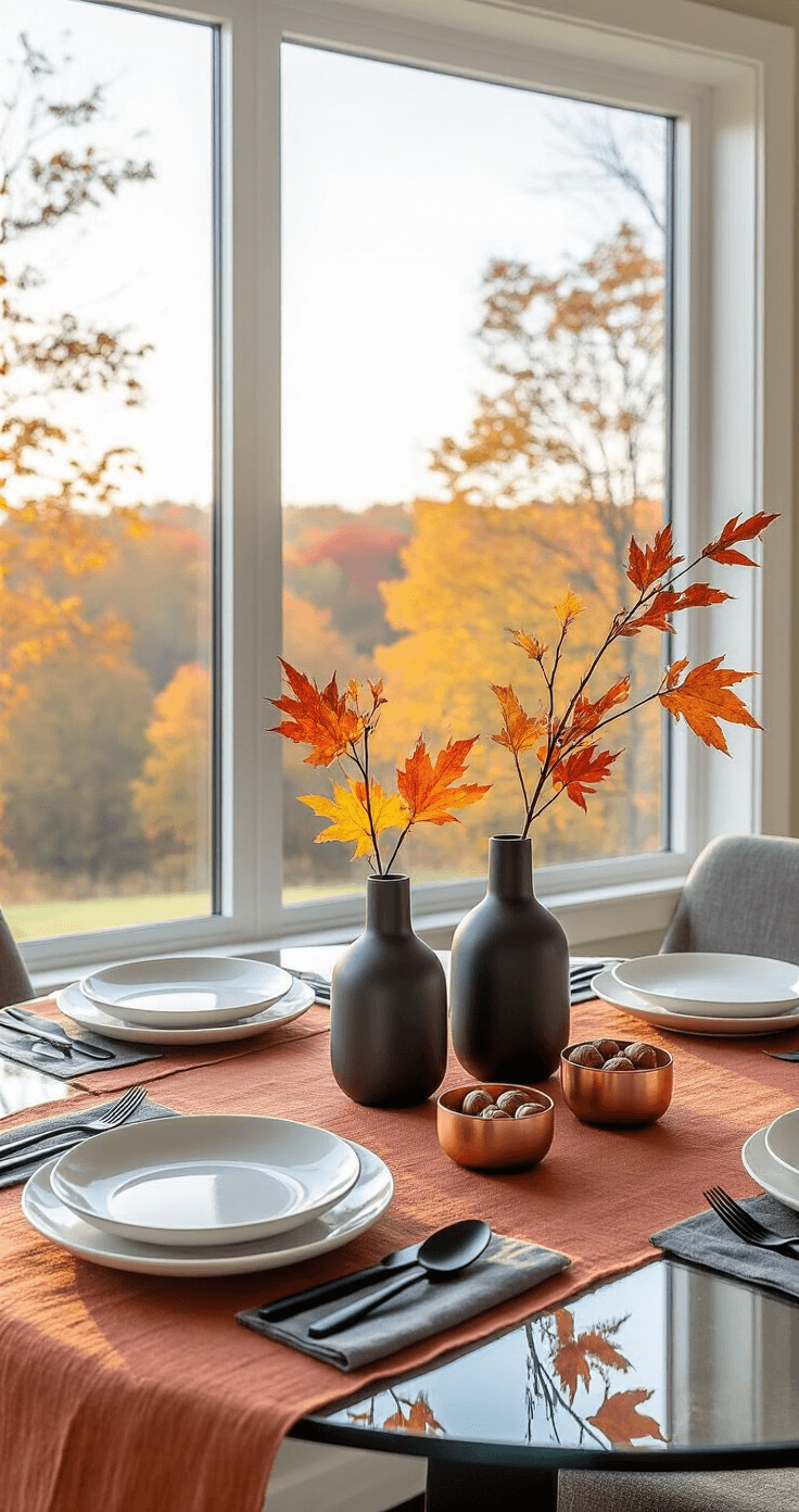A modern breakfast nook with a round glass table set for two, featuring white ceramic plates, matte black cutlery, and a minimalist centerpiece of black vases filled with colorful fall leaves. The room is illuminated by early morning light streaming through floor-to-ceiling windows, showcasing a vibrant autumn landscape outside. The decor includes a warm terracotta table runner, charcoal gray napkins, and small copper bowls with walnuts and chestnuts, creating a contemporary ambiance with a rich autumn color palette.