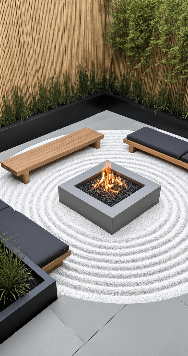 Aerial view of a contemporary Zen garden featuring a 16' circular meditation space surrounded by white marble chips in concentric circles, a square concrete fire feature with flames, low-profile teak benches with charcoal cushions, a bamboo privacy screen, and black ceramic planters with ornamental grasses, all in a minimalist grey, white, and green palette with black accents.