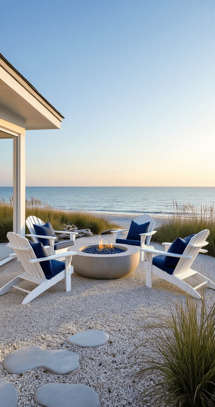 Late afternoon view of a beachside retreat featuring a round concrete fire bowl with sea glass, surrounded by crushed oyster shell and smooth pebble ground cover. White Adirondack chairs with navy cushions complement the natural setting, enhanced by rope details and driftwood accents. Weathered planters hold natural beach grasses, all captured from ground level with an ocean backdrop in soft blues, whites, and sandy neutrals.