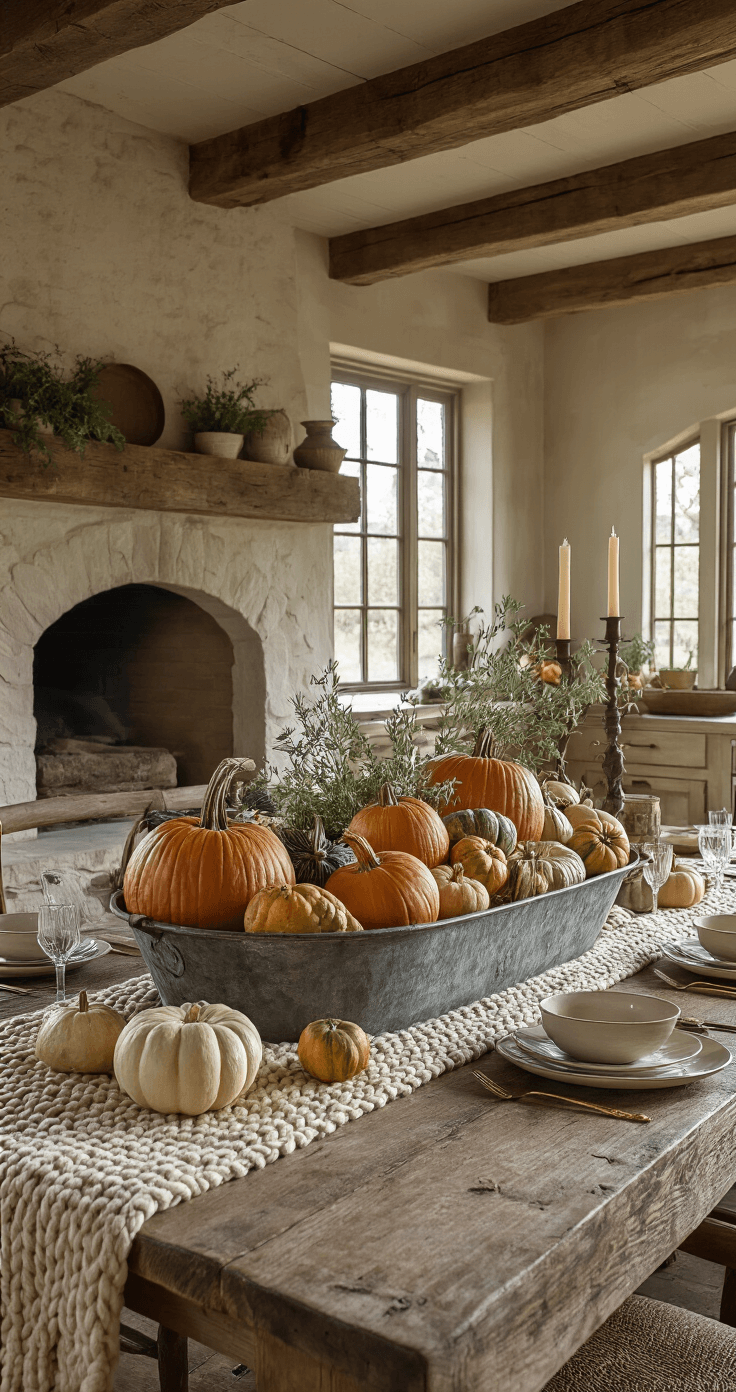 A rustic farmhouse kitchen featuring a wooden harvest table adorned with a chunky knit runner, a distressed metal trough filled with heirloom pumpkins and apples, mismatched vintage china, and glowing beeswax candles, bathed in warm late afternoon light.