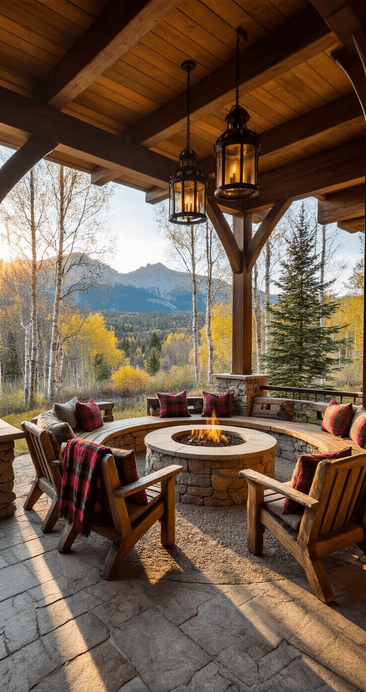 Golden hour view of a spacious mountain lodge entertaining area featuring a large stone fire pit, rough-hewn benches, reclaimed timber chairs with plaid blankets, and wrought iron lanterns against a backdrop of pine and aspen trees, with rich earthy tones and mountain views casting long shadows.
