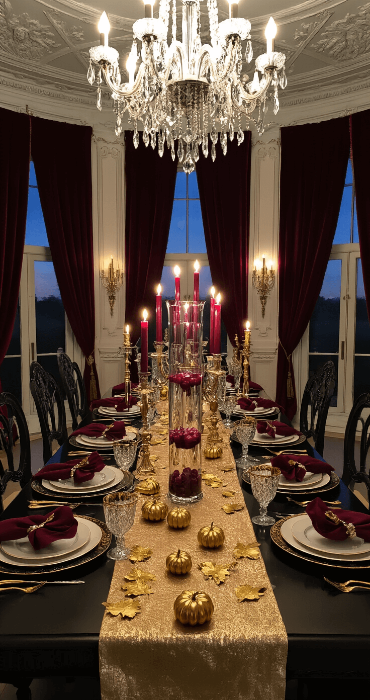 Opulent dining room featuring a long ebony table with a gold runner, ornate plaster ceilings, and a grand chandelier, illuminated by twilight through velvet drapes. Centerpiece with glass cylinders of water and cranberries, gold candelabras with red candles, and elegant place settings in deep reds, blacks, and golds.