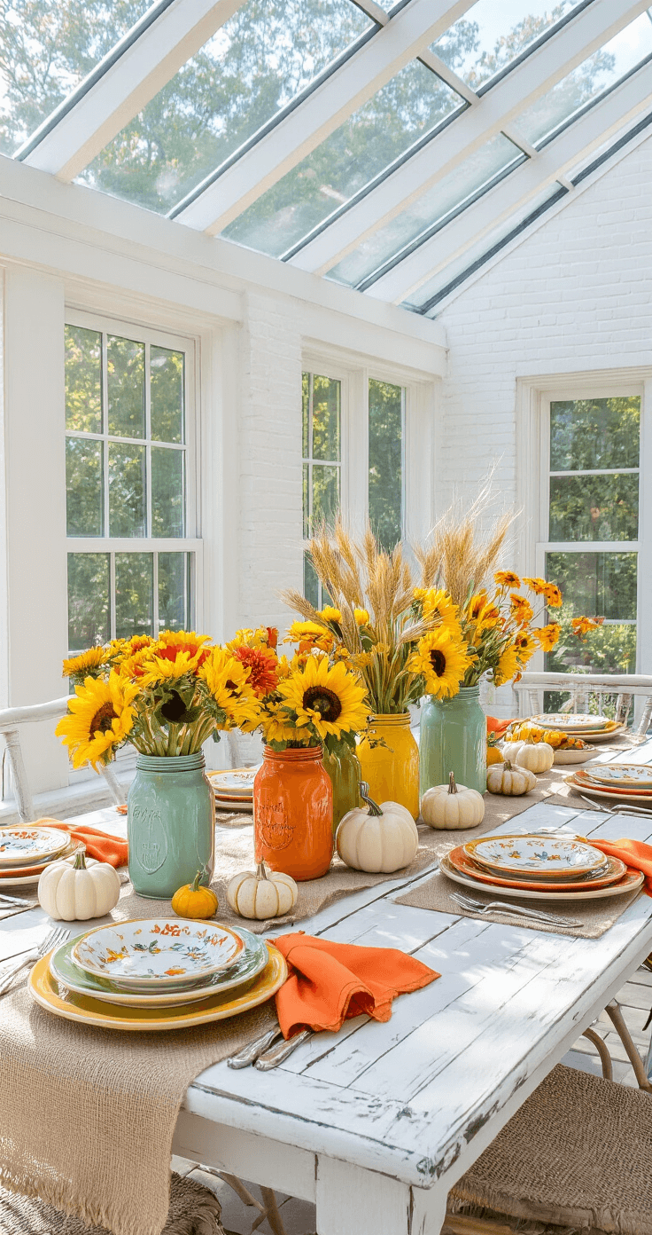 A bright and airy sunroom with white-painted brick walls and a glass ceiling, featuring a distressed white wooden table set with colorful mismatched Fiestaware, a whimsical centerpiece of painted mason jars with sunflowers and marigolds, and a burlap table runner, all illuminated by mid-morning sunlight.