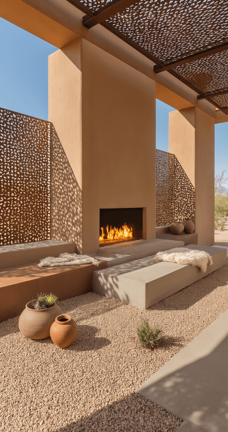 Sunset scene of a southwestern desert space featuring a Cor-ten steel fire feature with geometric cutouts, surrounded by desert rose quartz gravel, low-slung concrete benches with sheepskin throws, large ceramic vessels with desert plants, and perforated metal screens casting intricate shadows, all in a terracotta, sand, and sage color palette.