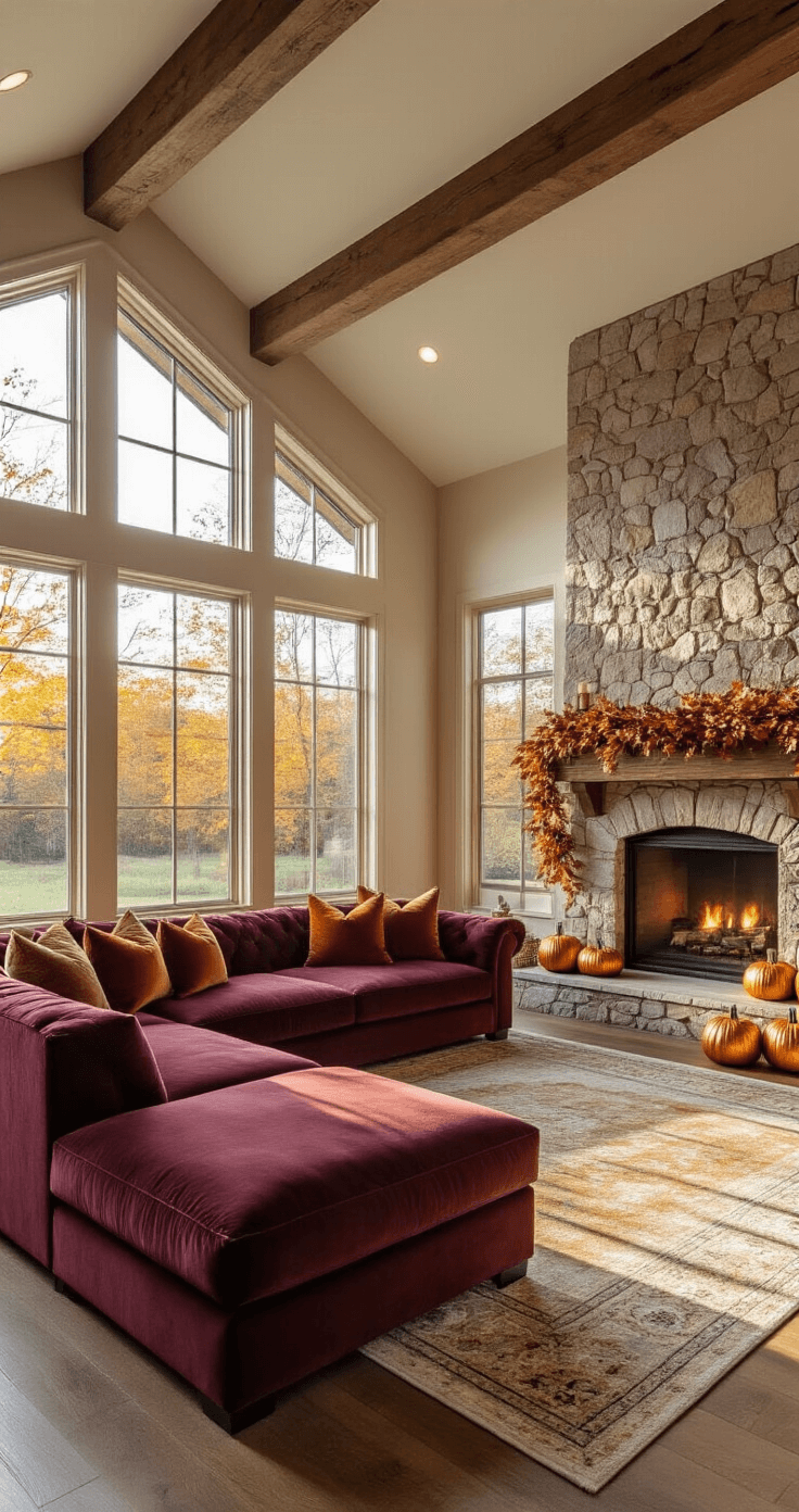 A spacious living room with vaulted ceilings, featuring a burgundy velvet sectional, a grand stone fireplace adorned with faux maple leaves and metallic pumpkins, and warm golden hour sunlight streaming through bay windows.