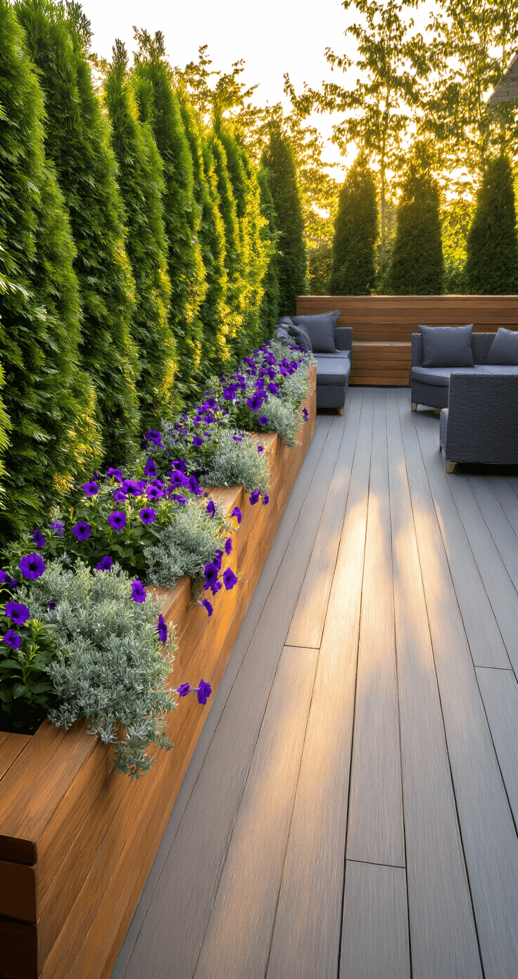A modern 20x15ft deck with built-in cedar planters filled with purple petunias and artemisia, photographed at golden hour. The scene features contemporary gray composite decking, minimalist charcoal furniture, and dappled sunlight filtering through tall arborvitae, with a focus on the textures of wood grain and foliage.