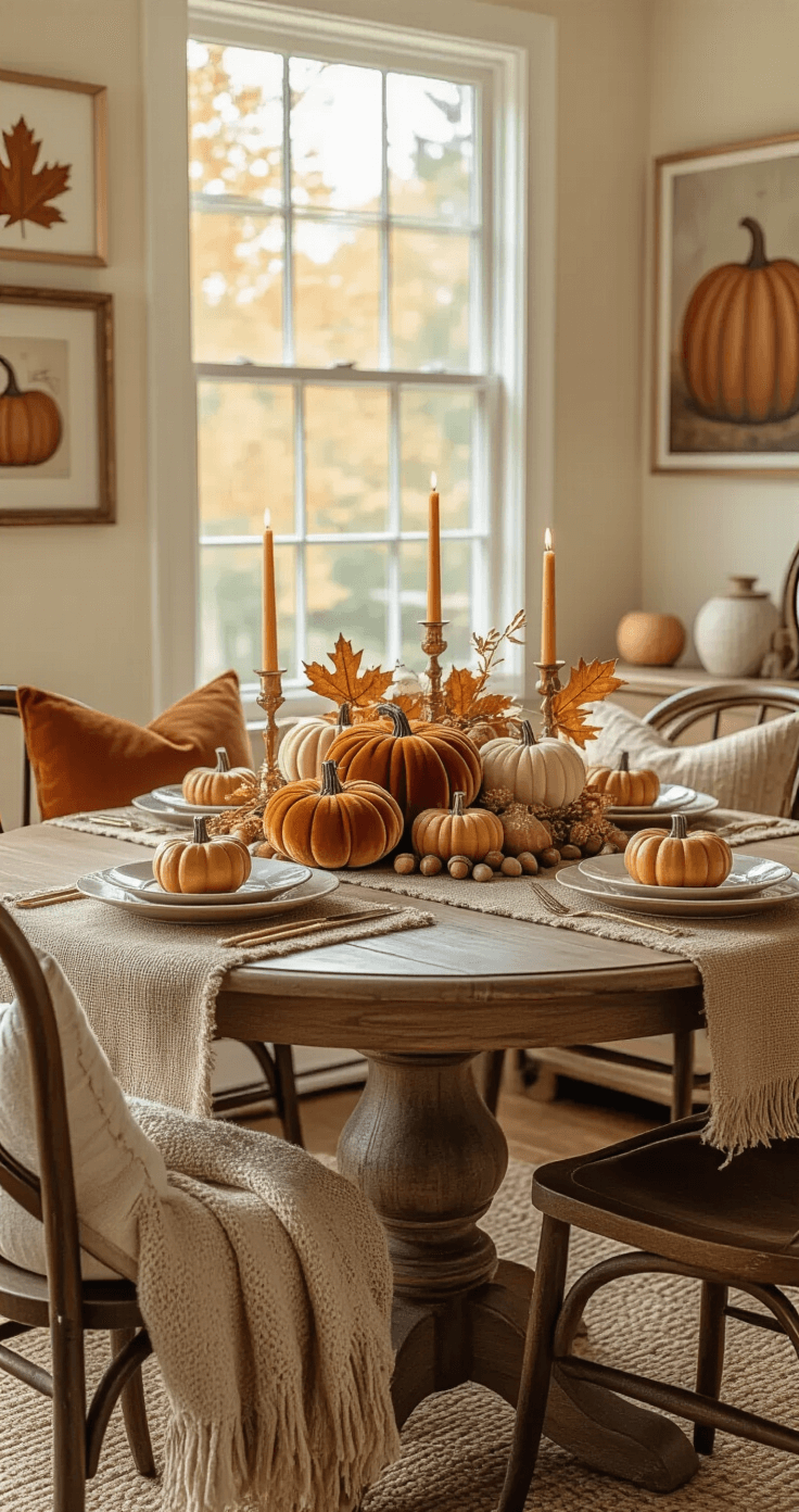 An intimate dining nook featuring a round wooden table with a burlap runner and a centerpiece of velvet pumpkins, gold candle holders, and acorns, surrounded by mismatched vintage chairs with autumn-hued throws, warm cream walls adorned with fall-themed artwork, and a sideboard displaying LED wax pumpkin candles, all bathed in soft afternoon light.