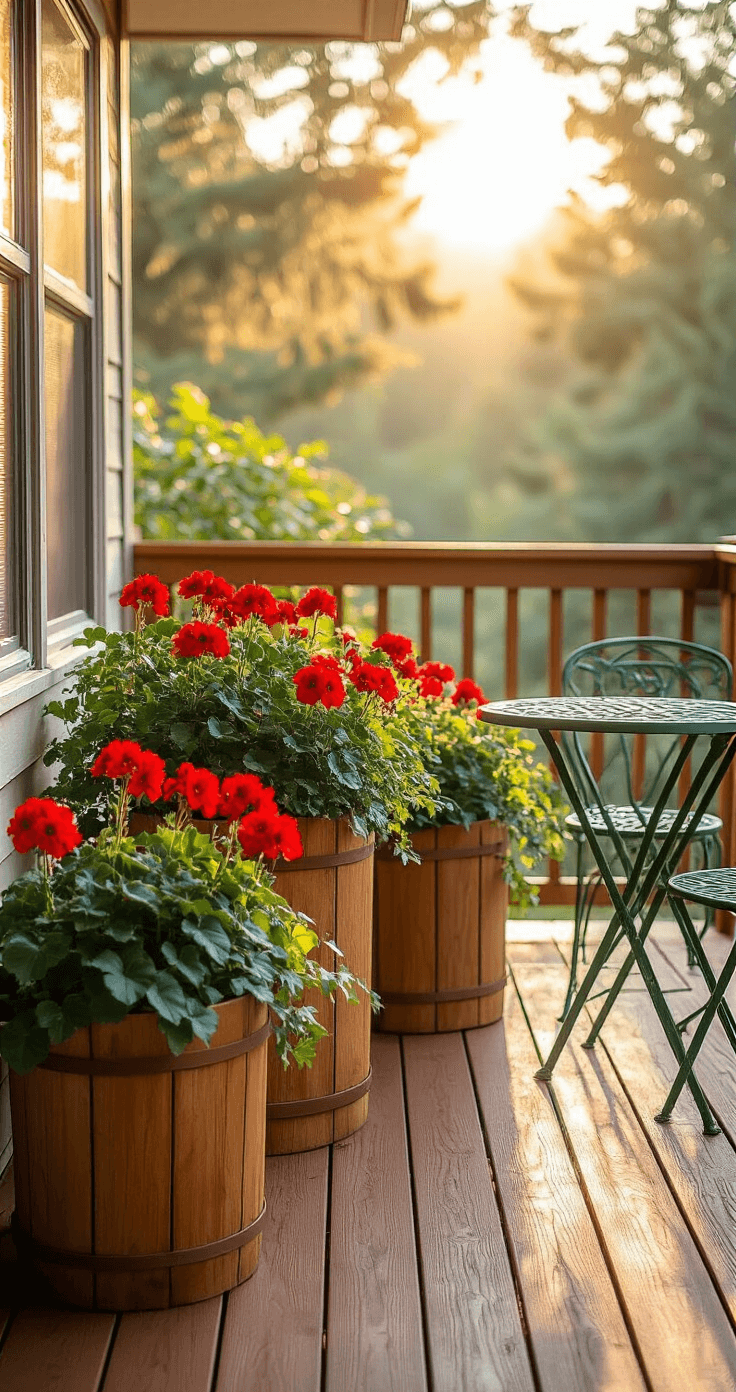 A cozy 12x12ft deck space in morning light, featuring three freestanding redwood planters of varying heights filled with red geraniums and trailing ivy, with morning dew glistening on the leaves. The natural wood deck is stained in warm honey tones, accompanied by a vintage metal bistro set in sage green, all captured with a soft bokeh effect and backlighting highlighting the plant silhouettes.