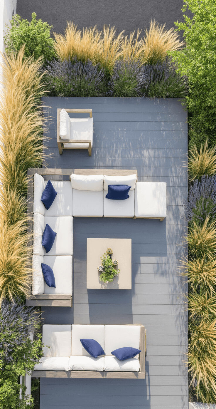 Overhead view of an L-shaped deck featuring large rectangular planters with drought-resistant ornamental grasses and lavender, complemented by cool-toned slate gray composite decking and modern cream sectional seating with navy accents, all showcased in sharp clarity.