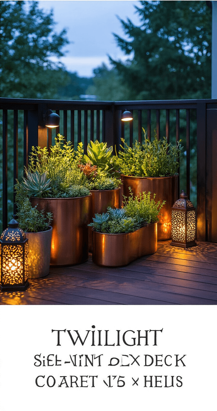 Intimate twilight setting of a 10x10ft deck corner featuring self-watering copper and aged zinc containers filled with succulents and herbs, illuminated by warm LED uplighting; dark ipe wood decking reflects ambient light, with Moroccan-inspired lanterns casting intricate shadows, creating a moody atmosphere.