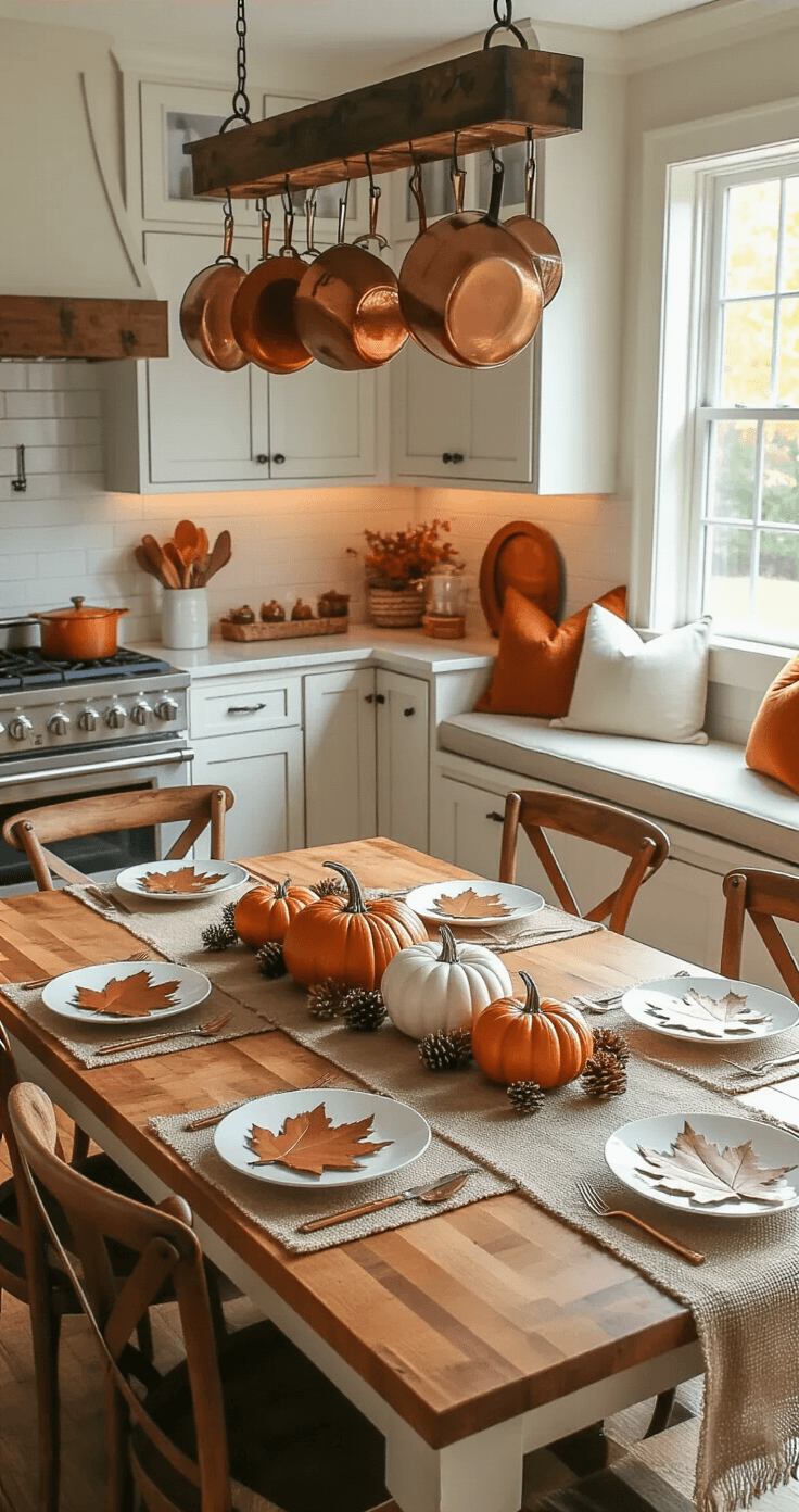 Open-concept kitchen and dining area bathed in late afternoon sunlight, featuring a butcher block kitchen island with a tablescape of painted wooden leaves and stacked pumpkins. Rustic pot rack with hanging copper pots, a burlap and lace runner on the dining table, and a cozy window seat filled with plush, harvest-colored pillows. Wide-angle view from above showcasing the seamless flow between the kitchen and dining spaces, enhanced by natural and under-cabinet lighting.