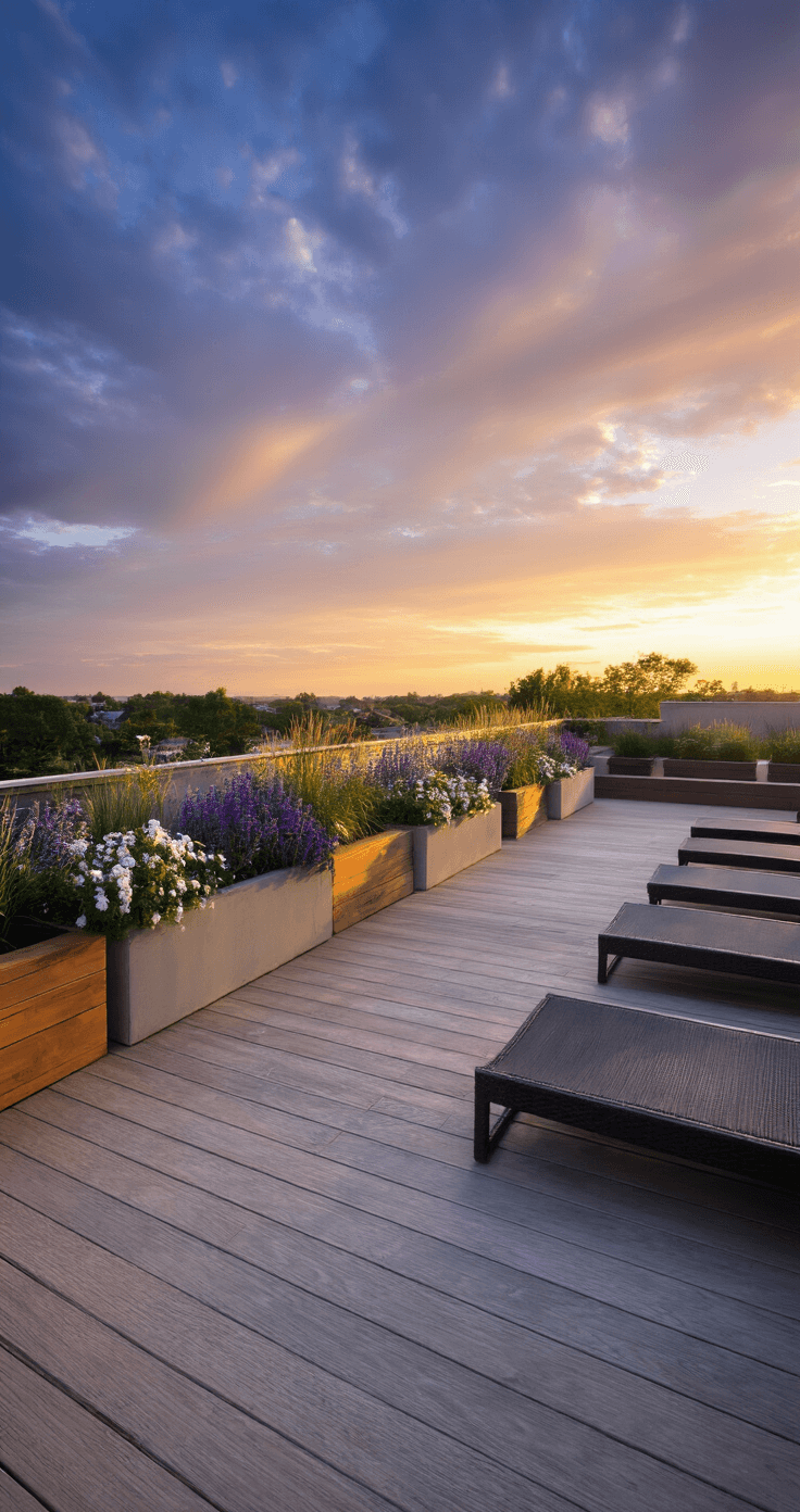 A late afternoon scene of a 15x20ft entertainment deck featuring blonde wood decking, modern charcoal mesh loungers, and mixed-material planters with flowering perennials in purple and white, all under a dramatic sky.