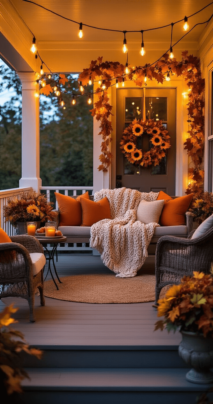 A cozy twilight porch featuring a porch swing draped in a chunky knit throw, large urns with autumn foliage, an oversized wreath on the door, a bistro set with steaming mugs of cider, a basket of apples, weather-resistant pillows, and decorative garlands and lights, all illuminated by warm Edison bulbs.