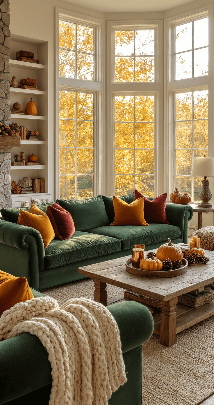 A cozy living room with a large bay window showcasing autumn foliage, featuring a deep forest green sofa with colorful throw pillows, a cream knit blanket, a reclaimed wood coffee table adorned with pumpkins and candles, built-in bookshelves with autumn decor, and a braided jute rug, all bathed in warm afternoon light.