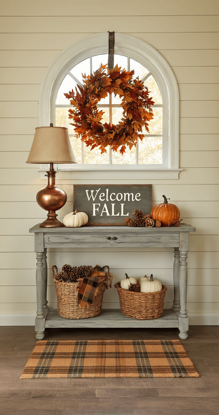 A cozy farmhouse entryway featuring warm cream shiplap walls, a half-moon window letting in morning light, a front door decorated with a colorful fall wreath, a distressed wood console table adorned with a vintage lamp and fall-themed decorations, and a large round mirror reflecting the inviting space, all set on a slate tile floor with a plaid doormat.