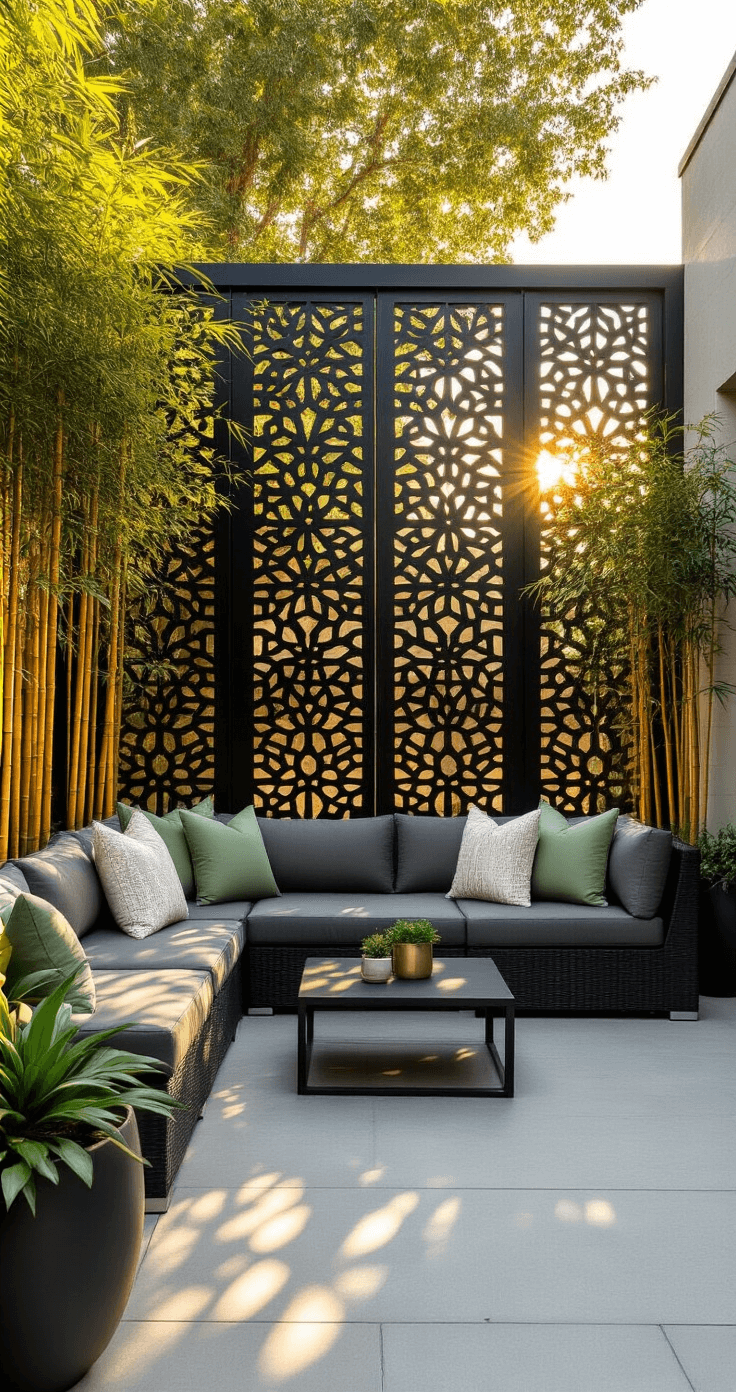 Outdoor Privacy Screens: Your Ultimate Guide to Backyard Sanctuary Design A modern 20x30ft backyard patio at golden hour, featuring an 8ft tall black metal privacy screen with geometric cutouts, casting dramatic shadows on light grey concrete. A charcoal outdoor sectional with ivory and sage green pillows is central, framed by large planters of mature bamboo.
