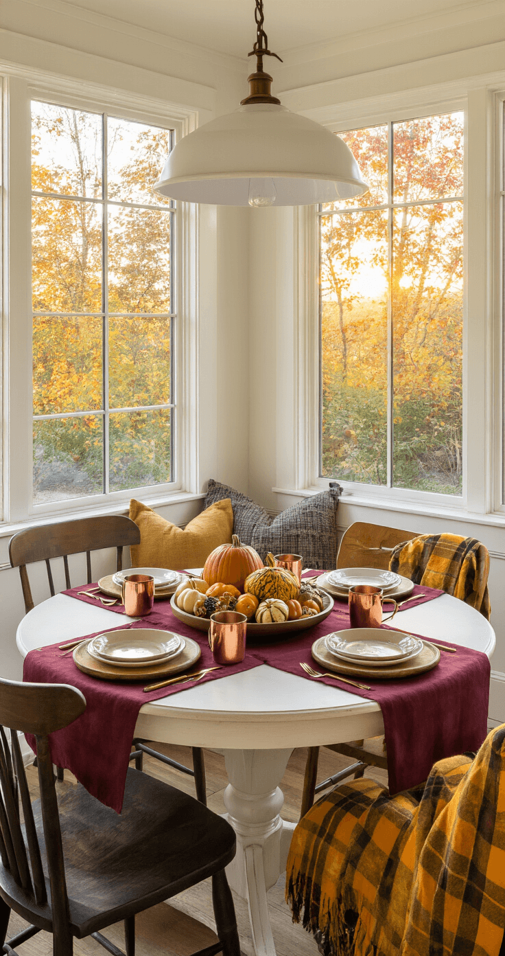 A cozy dining nook at sunset, featuring a round farmhouse table with a burgundy table runner, wooden chargers, cream stoneware plates, and copper mugs. The low centerpiece holds mini pumpkins and acorns, surrounded by mismatched wooden chairs draped with plaid throws. A rustic chandelier with Edison bulbs hangs above, illuminating the intimate space with warm light and a view of autumn foliage through a large window.