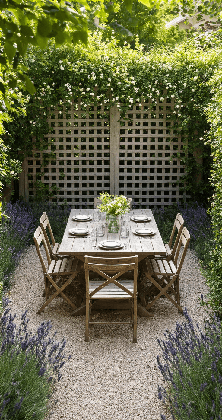 Outdoor Privacy Screens: Your Ultimate Guide to Backyard Sanctuary Design Aerial view of a cozy 15x15ft courtyard garden featuring a weathered cedar lattice privacy screen adorned with jasmine vines, surrounded by a gravel path lined with lavender, and a rustic teak dining set with vintage mason jar centerpieces, all illuminated by dappled sunlight filtering through a tree canopy.
