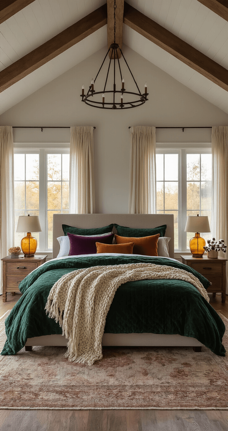 A cozy master bedroom featuring vaulted ceilings and exposed wooden beams, with a king-size bed dressed in luxurious jewel-toned bedding. Early evening light filters through sheer curtains, illuminating rustic nightstands with amber lamps and floral arrangements. A reading nook with a leather armchair adds to the serene atmosphere.
