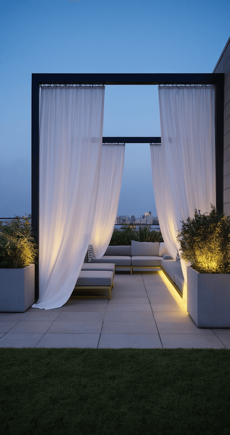 Outdoor Privacy Screens: Your Ultimate Guide to Backyard Sanctuary Design Contemporary rooftop terrace at twilight with flowing white outdoor curtains as privacy screens between modern concrete planters, featuring ethereal LED lighting and minimalist lounge furniture in light grey with brass accents.