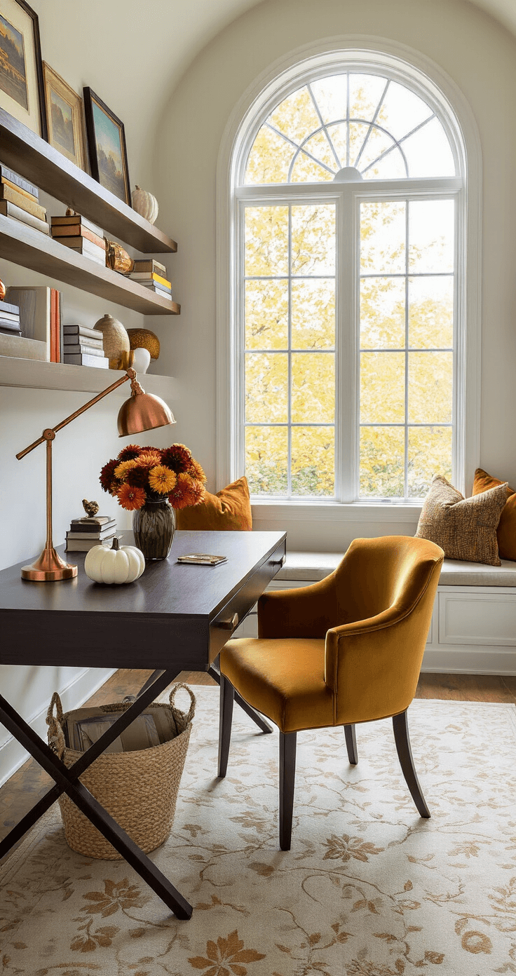 Stylish fall-themed home office nook in a 10x12 ft alcove, featuring a dark walnut desk with a copper lamp, a vase of burgundy and orange dahlias, and a small white pumpkin. A mustard velvet chair complements the decor, with floating shelves showcasing autumn-colored books and framed landscapes. A plush area rug adds warmth, while a nearby bar cart includes copper coffee accessories and cinnamon sticks, all illuminated by mid-morning light through a large arched window.