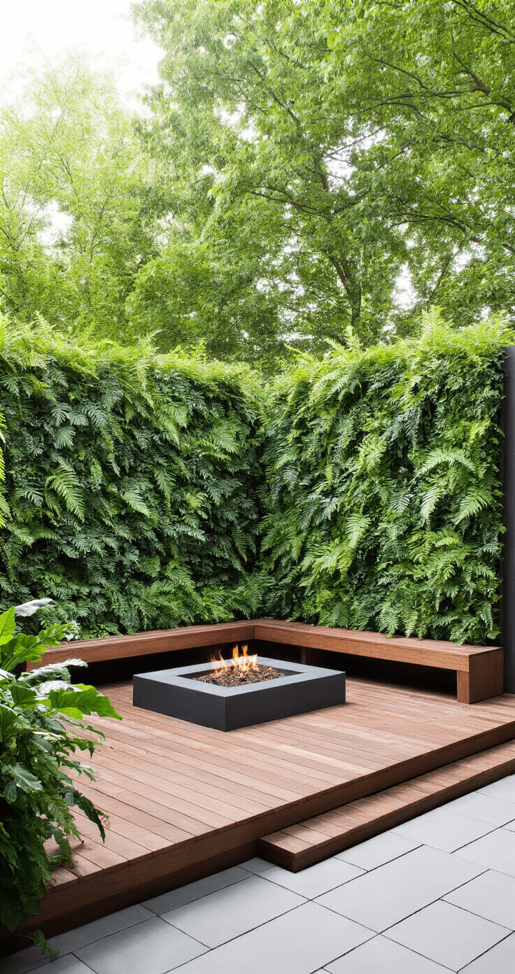 Outdoor Privacy Screens: Your Ultimate Guide to Backyard Sanctuary Design Aerial view of a lush 25x40ft backyard sanctuary featuring a dense green wall privacy screen of ferns and tropical plants, a 10ft high vertical garden with irrigation, a teak platform deck with built-in benches and a fire pit, all under a mature tree canopy with natural diffused light.