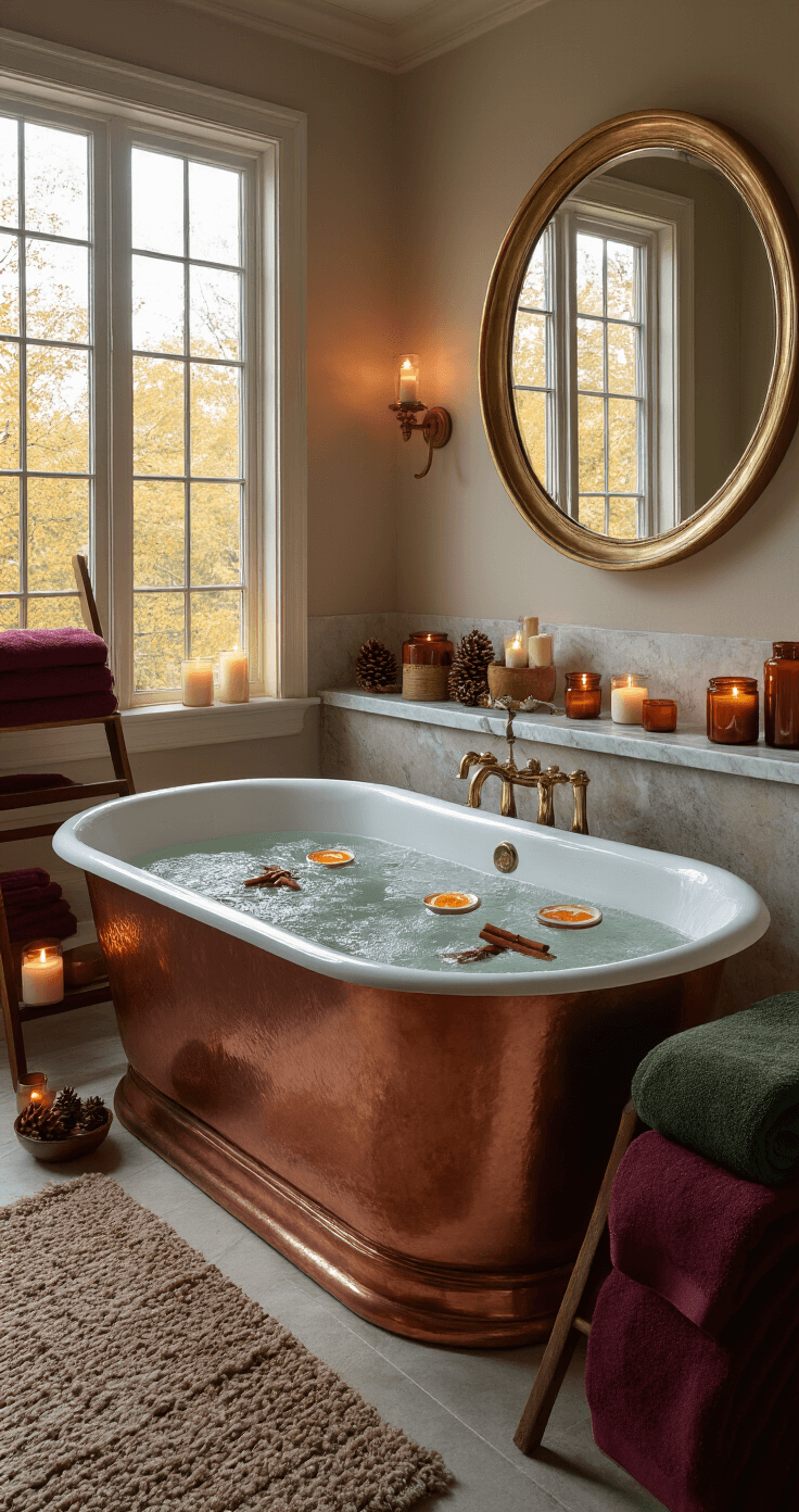 A luxurious autumn-themed bathroom featuring a freestanding copper bathtub filled with steaming water, surrounded by candles and decorative autumn elements, including pine cones and acorns. The warm ambiance is enhanced by deep burgundy and forest green towels, a marble-topped vanity with a gold-framed mirror, and a fluffy cream bath mat on heated tile floors. Soft evening light filters through frosted windows.