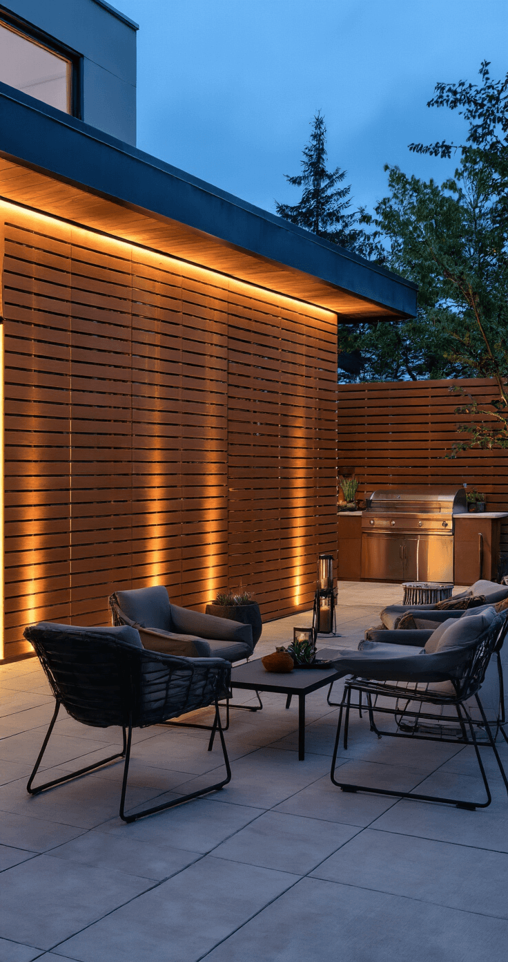 Outdoor Privacy Screens: Your Ultimate Guide to Backyard Sanctuary Design A modern suburban patio at dusk featuring a 7ft warm walnut composite privacy screen with horizontal slats and integrated LED lighting, a mid-century modern outdoor kitchen, and a lounge area with matte black Acapulco chairs, captured from a corner for depth and lighting drama.