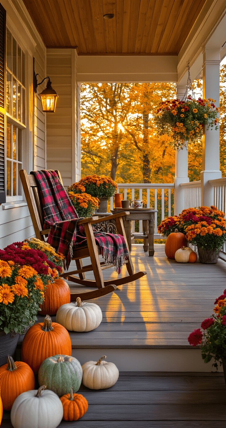 A cozy front porch at dusk with a vaulted ceiling, featuring a vintage rocking chair with a plaid blanket, a rustic side table with a steaming mug, and pumpkins cascading down the steps. Vibrant mum baskets hang and string lights softly illuminate the space, creating a warm autumn ambiance.