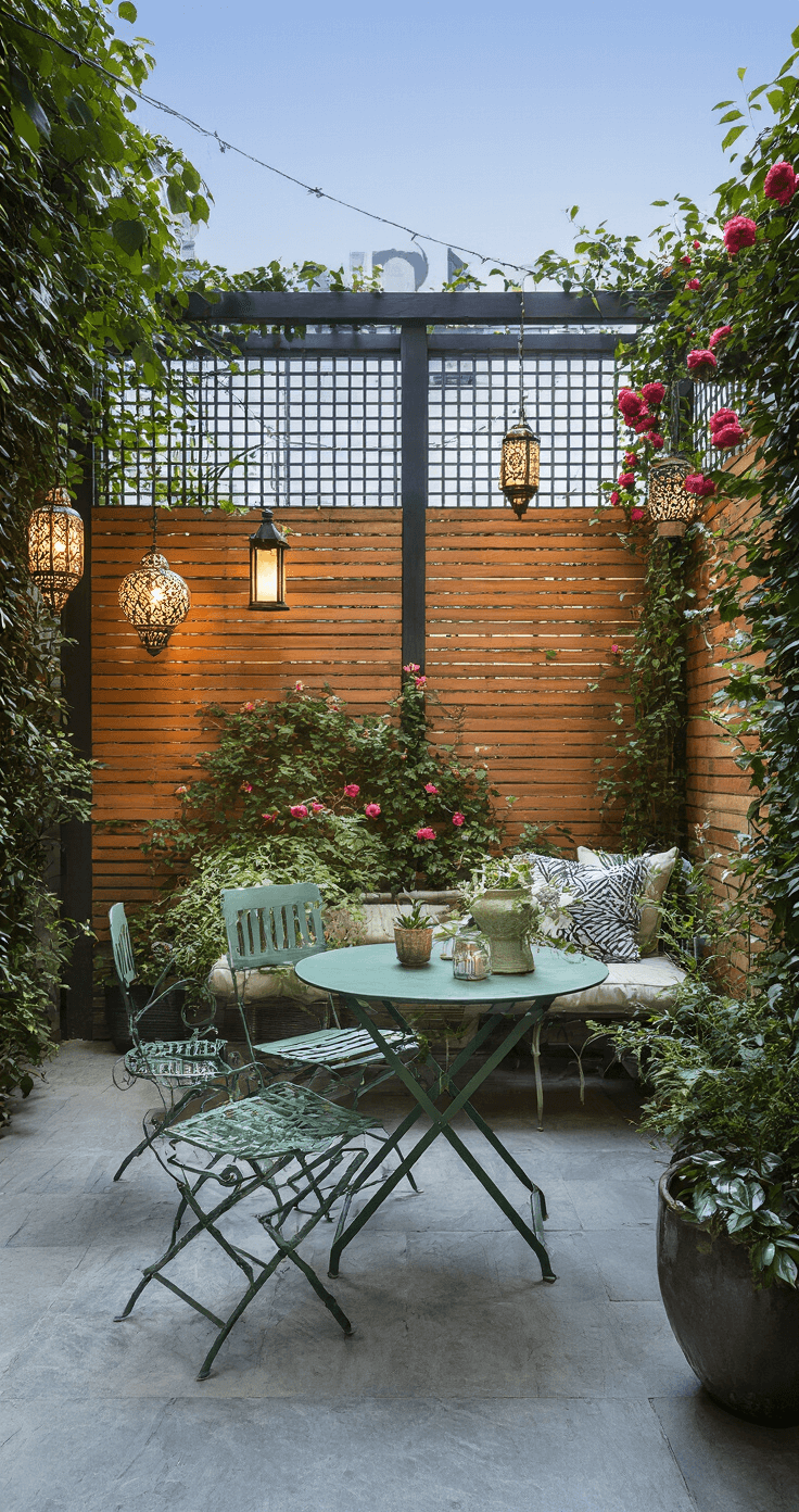 Outdoor Privacy Screens: Your Ultimate Guide to Backyard Sanctuary Design A cozy townhouse patio at morning blue hour, featuring a metal frame grid with wood panels and climbing roses. A vintage sage green bistro set is seen alongside hanging Moroccan lanterns and a small fountain, creating a romantic urban escape ambiance. The camera view is low and wide, highlighting layered textures.