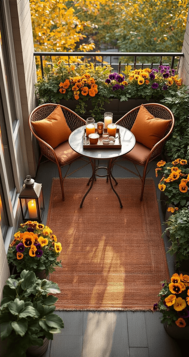 Aerial view of a small urban balcony transformed into an autumn oasis, featuring a bistro set with copper chairs, pumpkin spice lattes, oversized lanterns, vibrant railing planters with kale and pansies, and a cozy earth-toned rug, all illuminated by soft morning light.