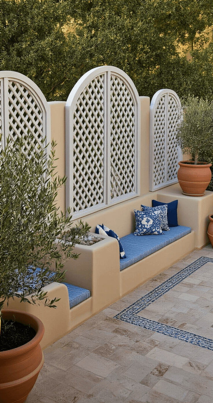 Outdoor Privacy Screens: Your Ultimate Guide to Backyard Sanctuary Design A Mediterranean-inspired backyard featuring whitewashed wood privacy screens with arched tops arranged in a zigzag pattern, terracotta pots with olive trees, built-in banquette seating with blue and white cushions, and a stone patio with inlaid tile details, captured from an elevated position to showcase the refined coastal villa ambiance.