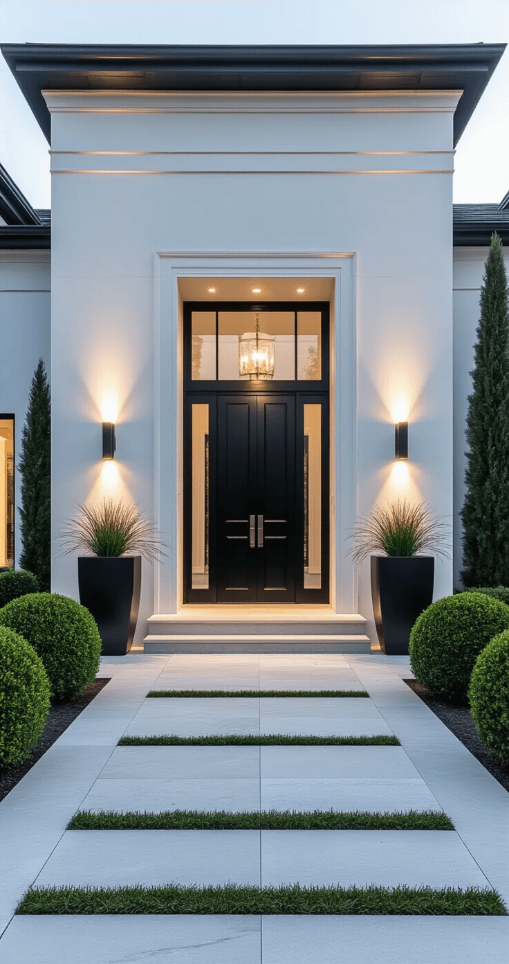Front House Landscaping: Transforming Your Home's First Impression A grand modern entryway featuring a symmetrical limestone pathway and glossy black front door, flanked by boxwood spheres and oversized zinc planters with ornamental grasses, captured at golden hour with architectural uplighting illuminating the white stucco walls.