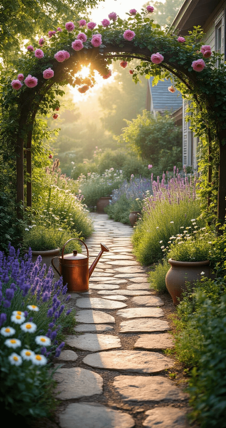 Front House Landscaping: Transforming Your Home's First Impression Cottage garden scene featuring a whimsical 15-foot garden arch with climbing roses, meandering flagstone path, and beds of lavender, foxgloves, and daisies, all illuminated by warm morning light with dewdrops on petals. A vintage copper watering can is placed among weathered stone containers.