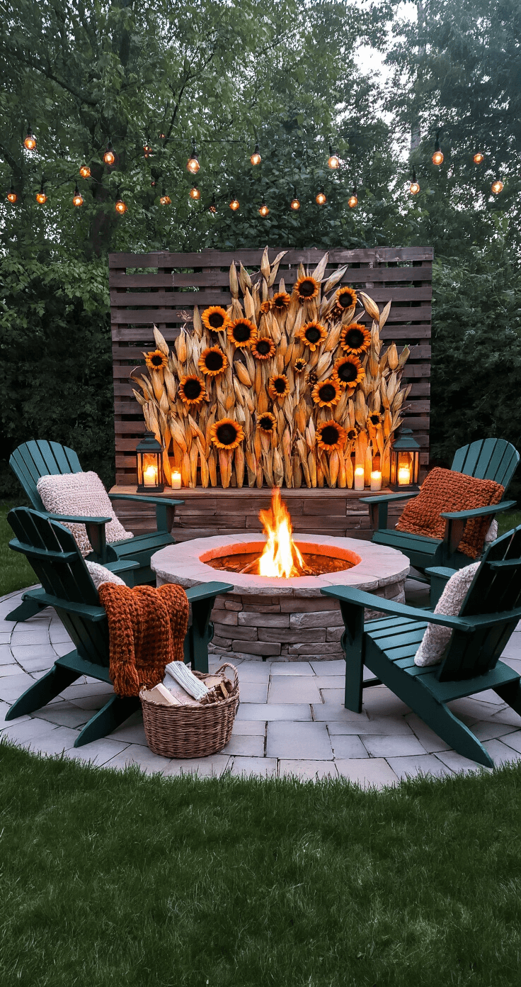 An intimate twilight fire pit area featuring a circular stone pit surrounded by deep forest green Adirondack chairs draped with autumnal chunky knit throws, a woven basket of blankets and firewood nearby, and lanterns casting warm light, all against a DIY pallet wall with dried corn husks and sunflowers.