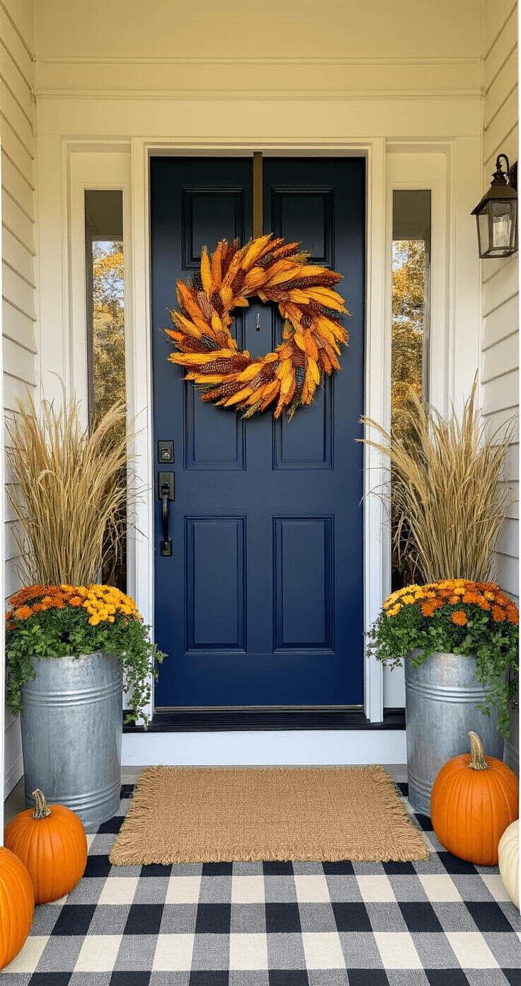 A welcoming front entryway with a navy blue door adorned with a colorful corn husk wreath, flanked by tall planters of ornamental grasses and cascading ivy, featuring a vintage ladder displaying ombre pumpkins, all captured in the warm glow of late afternoon sun.